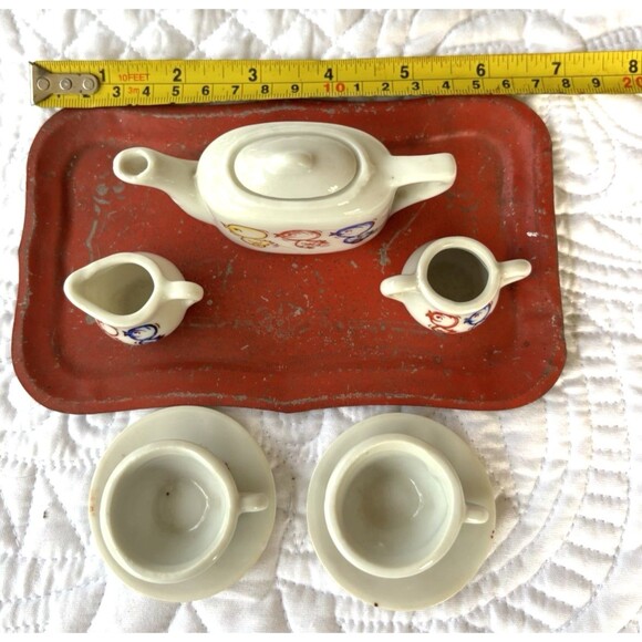 VNTG 9 Piece Children’s Tea Set-1950s-W/Metal Tray-Duck-Made Japan-Hand Painted - Picture 2 of 11